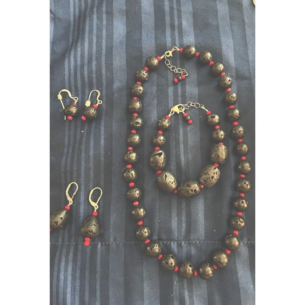 Natural Lava Stone Mala Bead Necklace, Bracelet Earrings Set. Adjustable - Picture 1 of 5